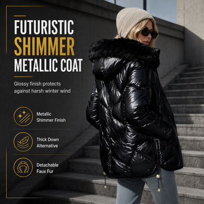 🖤Free Shipping + 50% OFF🔥Women's Glossy Pearlescent Hooded Cotton Padded with Fur Collar Slim Fit Winter Coat