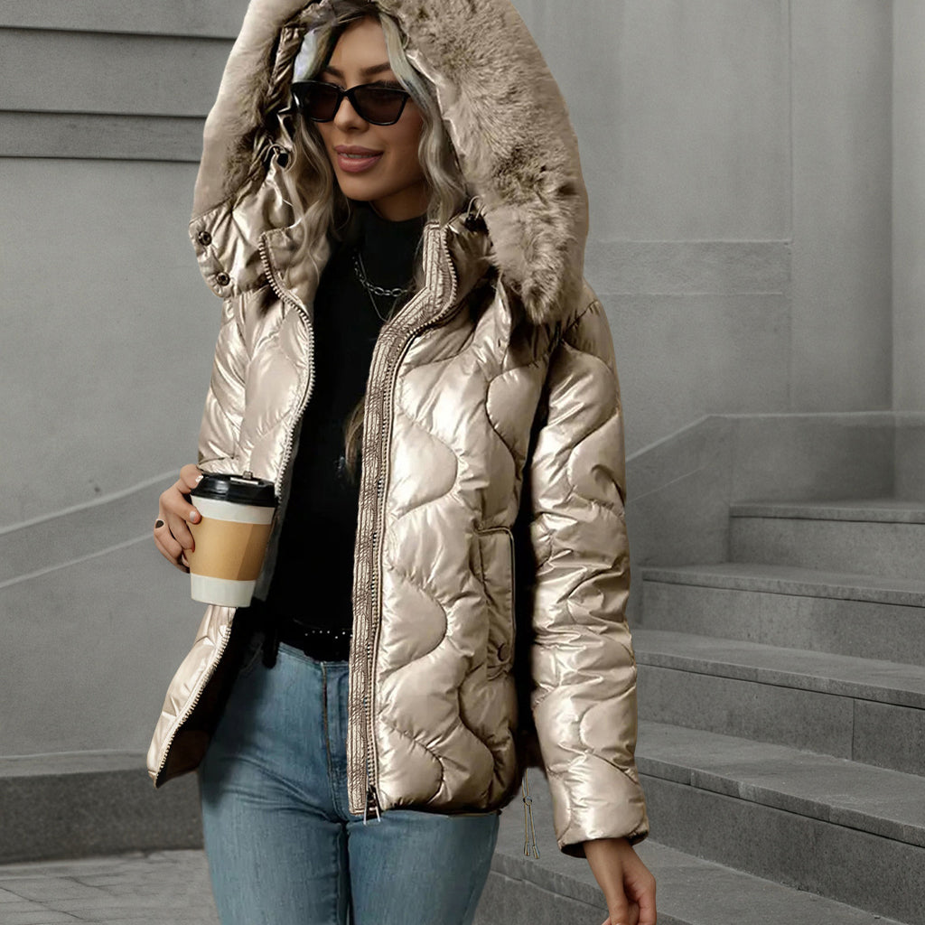 🖤Free Shipping + 50% OFF🔥Women's Glossy Pearlescent Hooded Cotton Padded with Fur Collar Slim Fit Winter Coat