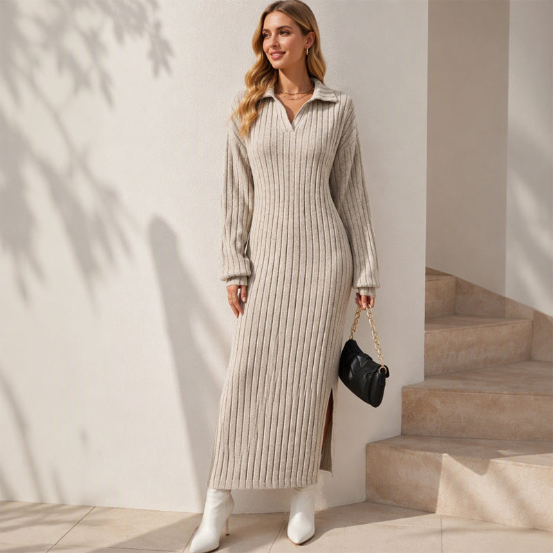 Women's Ribbed Knit Collared Slit Maxi Dress❤️
