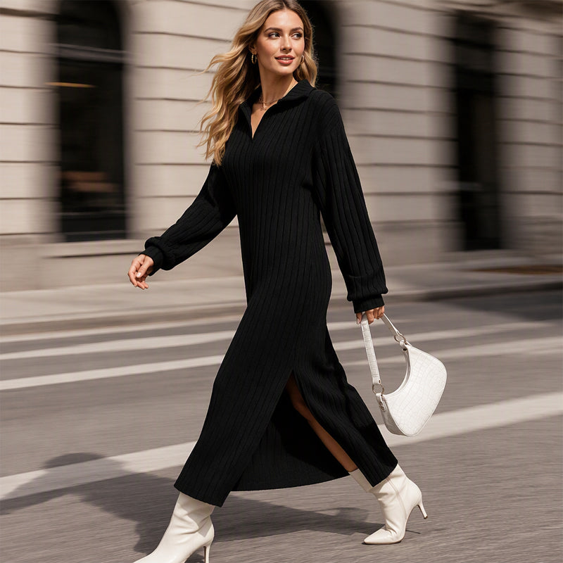 Women's Ribbed Knit Collared Slit Maxi Dress❤️