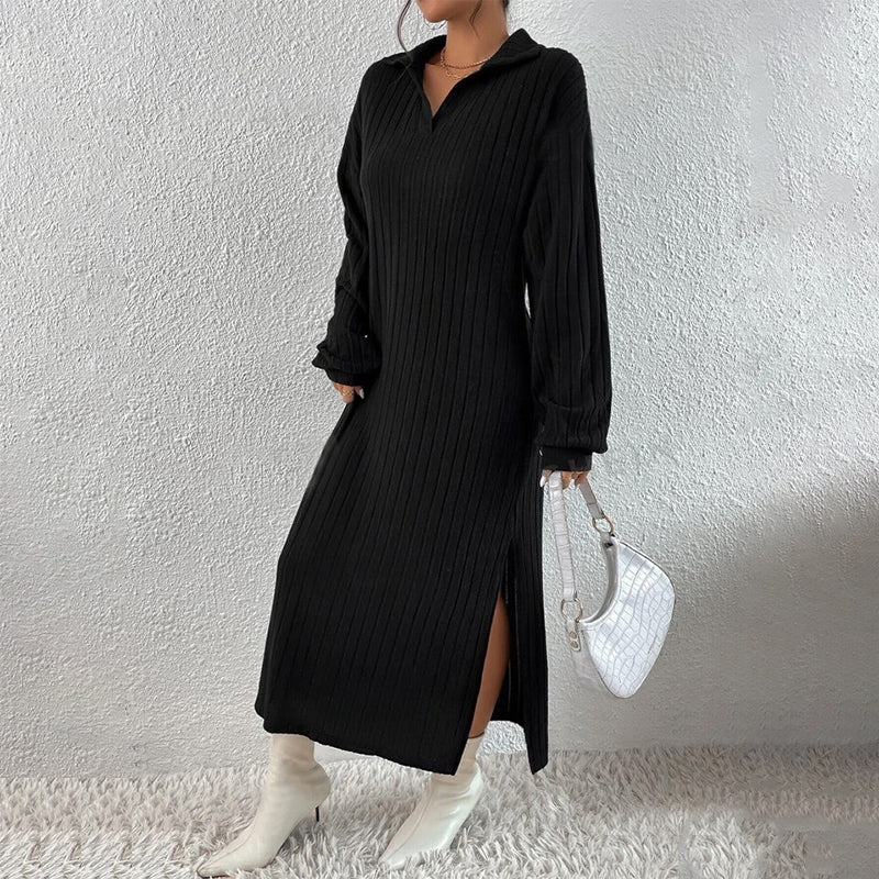 Women's Ribbed Knit Collared Slit Maxi Dress❤️