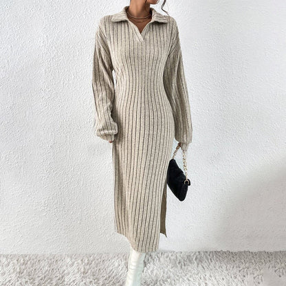 Women's Ribbed Knit Collared Slit Maxi Dress❤️