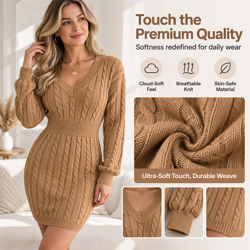 Women's Elegant Cable Knit Bodycon Sweater Dress