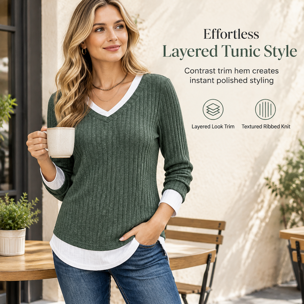 Faux Two Piece Layered Knit Sweater Casual Pullover Top