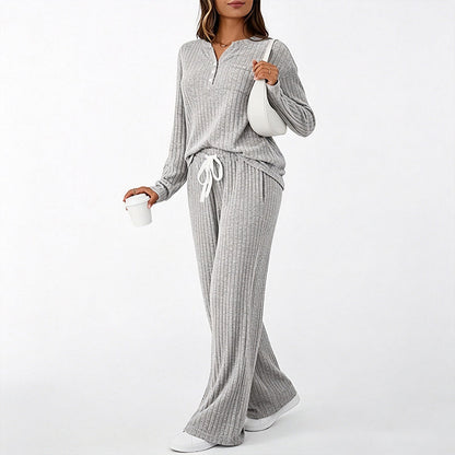 Women's Ribbed Henley Top & Wide-Leg Pants Set