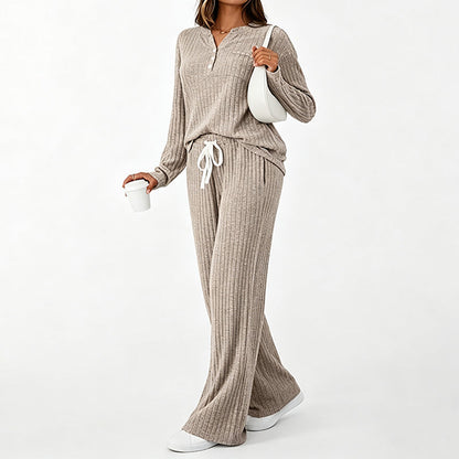 Women's Ribbed Henley Top & Wide-Leg Pants Set
