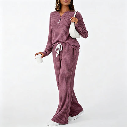 Women's Ribbed Henley Top & Wide-Leg Pants Set